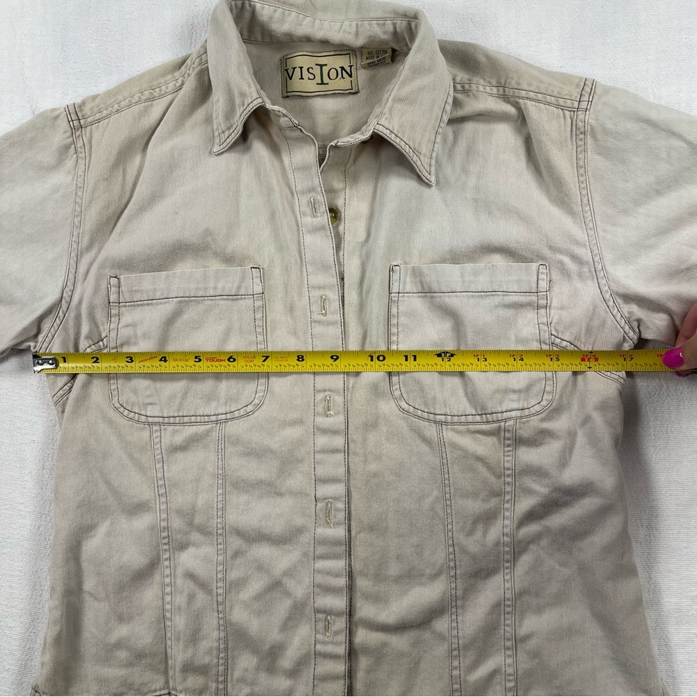 Vintage Beige Short-Sleeve cropped Button-Up Shirt minimalist natural - Picture 7 of 7